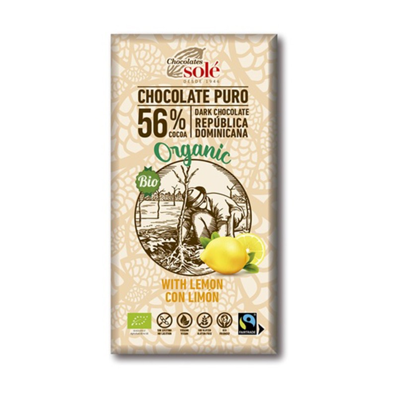 Chocolate Negro 56% con Limón Chocolates Solé, 100 gr.